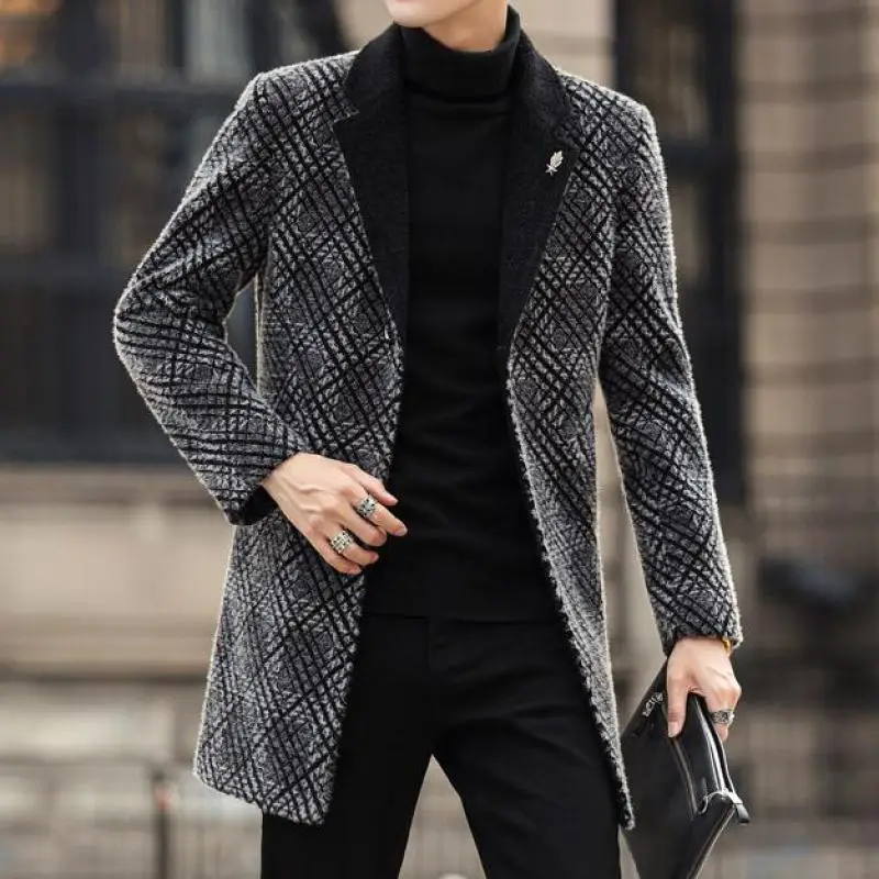 

British Style Retro Checked Printed Elegant Slim Fit Overcoats Mens Vintage Gentleman Long Trench Coats Luxury Winter Clothing