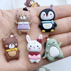 10Pcs New Cartoon PenguinRabbitDinosaurCat Series Resin Figurine Crafts Flatback Ornament Jewelry Making Hairwear Accessories