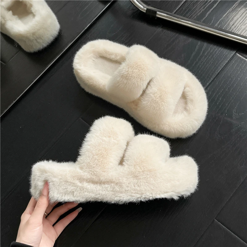 Winter Thick Sole Fur Slippers Women Fashion Pure Color Double Straps Flat Shoes Women One Line Slippers Women Cotton Slippers