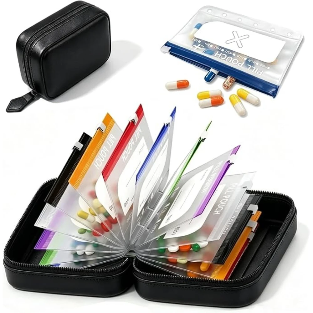 Pochette de rangement pour pilules A8 étanche pour voyage hebdomadaire avec 14 pochettes zippées de taille L, grande trousse de rangement pour médicaments