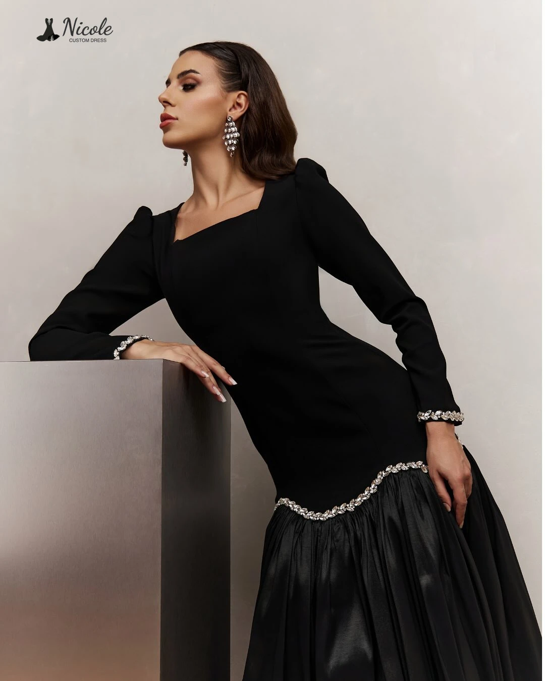 فساتين سهرة نيكول دبي Luxury2025Black بياقة مربعة فستان حفلات فاخر مصنوع حسب الطلب فستان نسائي أنيق بأحجار الراين