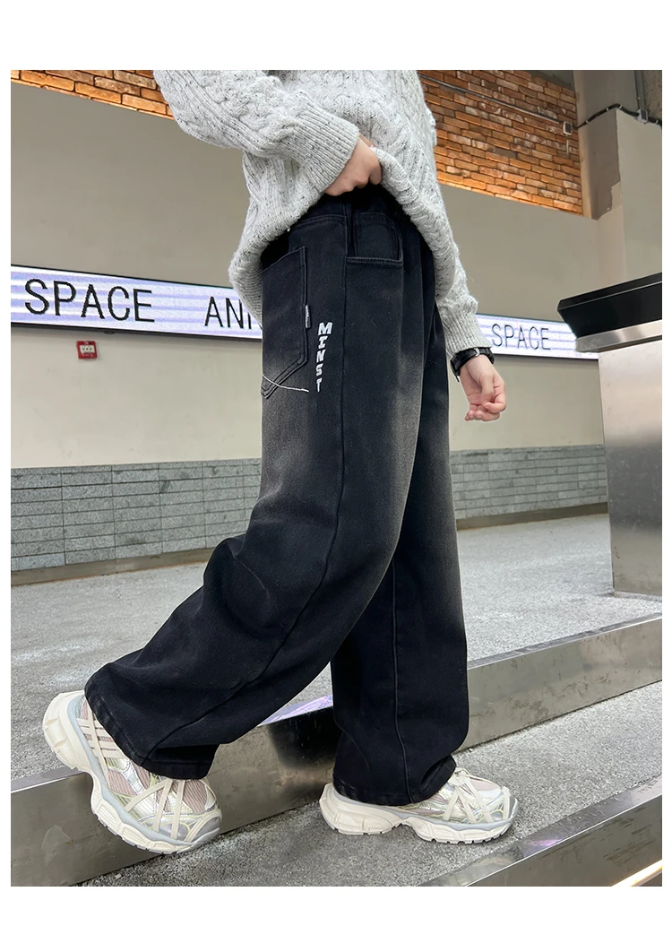 Schwarze Jeans für Teenager und Kinder, Frühling/Herbst, Retro-Verlauf-Design, gerade Passform, Denim-Hose, stylische weite Hose für Jungen, 5-14 Jahre – Detail 6