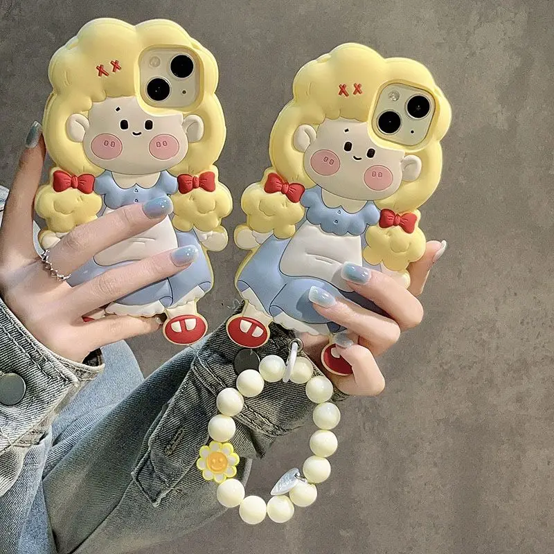 

Чехол для телефона для iphone 12, 14, 13 Pro Max, новый корейский INS, креативный милый желтый чехол для волос в форме косы для девочек, защитный чехол со шнурком