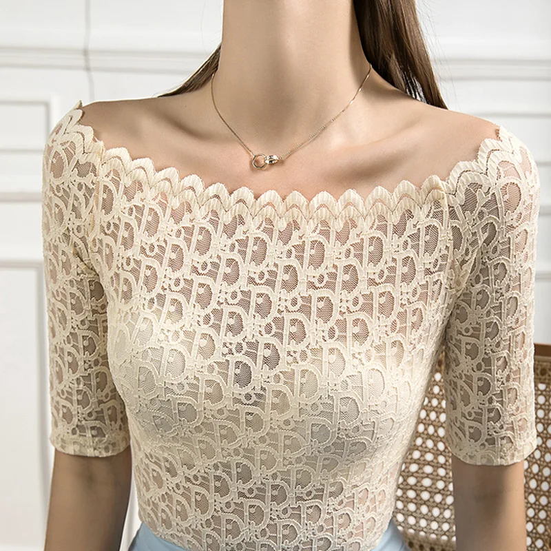 تي شيرت دانتيل بخمسة أكمام برقبة واحدة ، مريح ، نحيف ، بدون حمالات ، متوسط ، مثير ، صيفي ، صديق للجلد