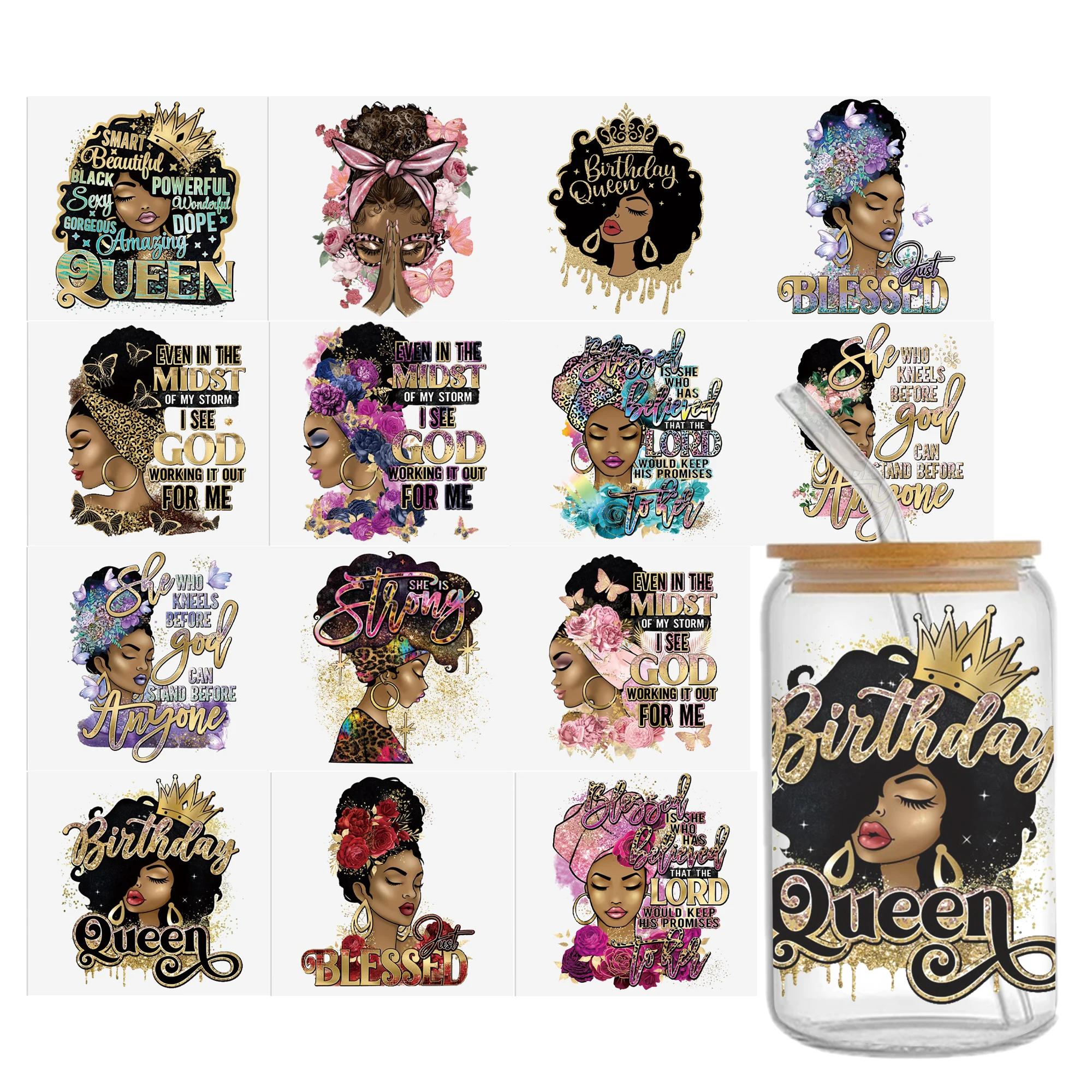 

Black African Girl DTF Sticker For Cups Personalize UV Wrap Transfer Sticker Custom Labels DIY Logo Selfadhesive Waterproof