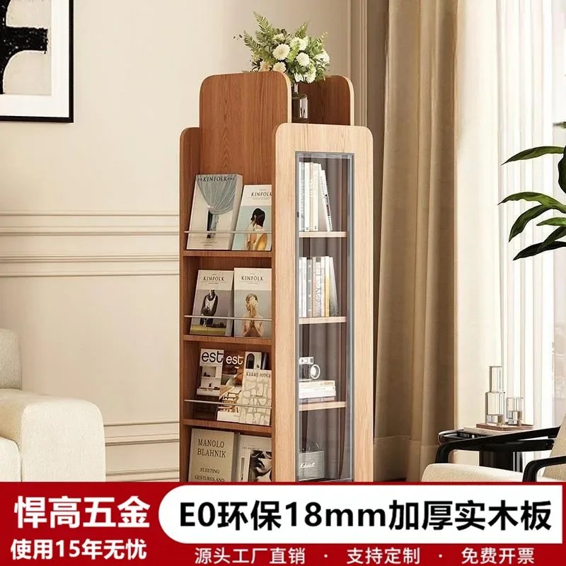 Solid wood rotating bookcase 360 degree log with door magazine picture book rack floor corner vertical cabinet living room