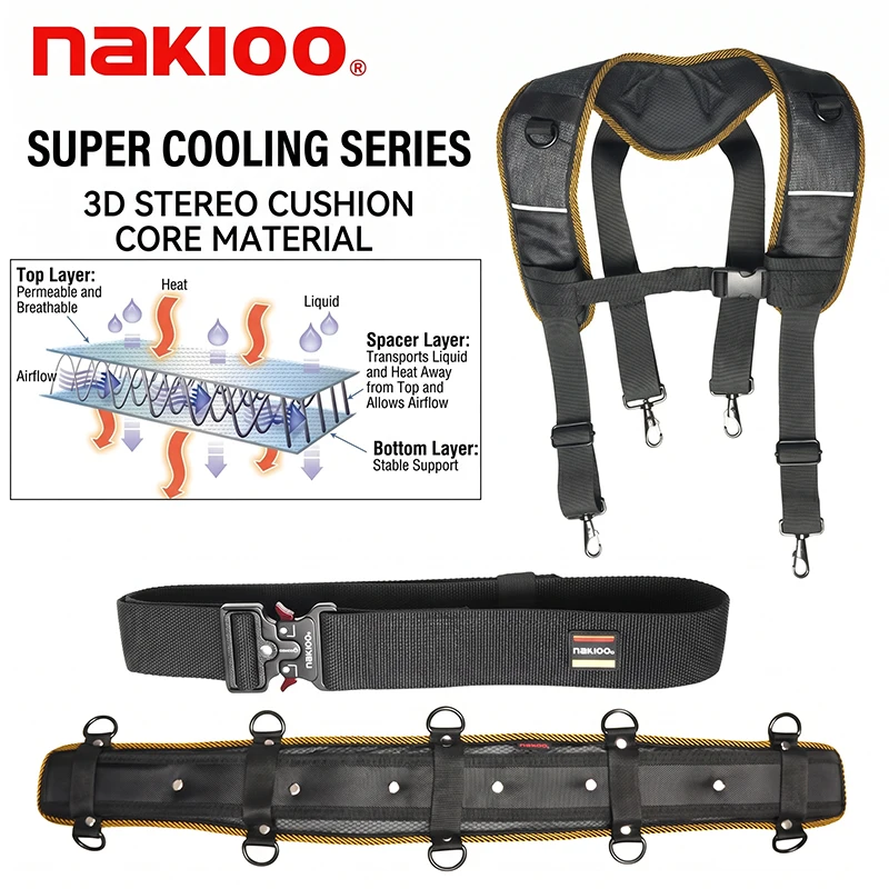 

NAKIOO Ultra-Cool 3D Cushion Tool Belt,Breathable Work Waist Belt with Suspender,Heavy Tools Bag for Woodworking & Electrician