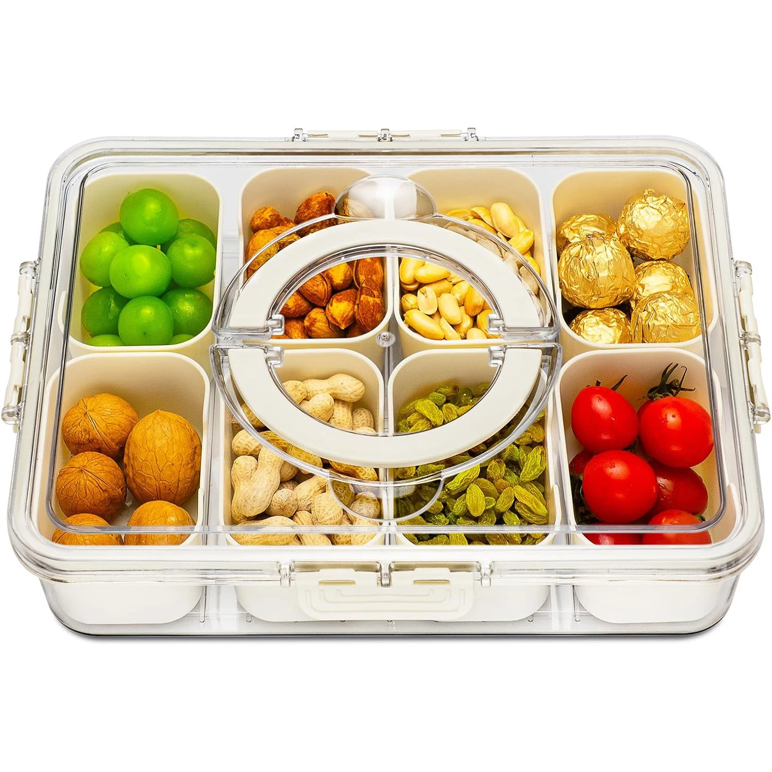 Divided Serving Tray with Lid and Handle Snack Fruit and Veggie Tray Portable Platter for Candy Fruits Nuts Snack