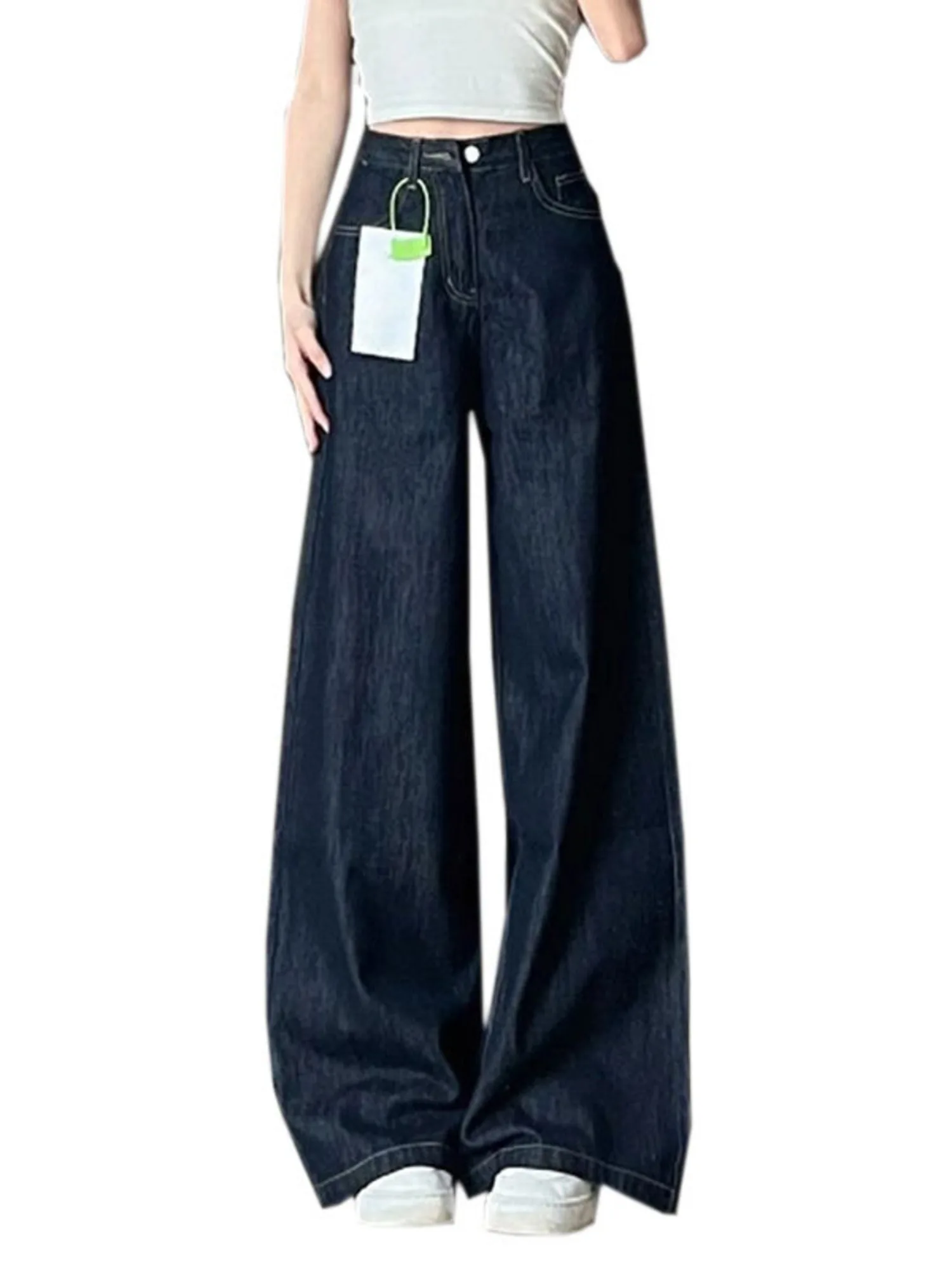 Women High Waist Wide Leg Jeans Dark Indigo Baggy Denim Pants Vintage Streetwear