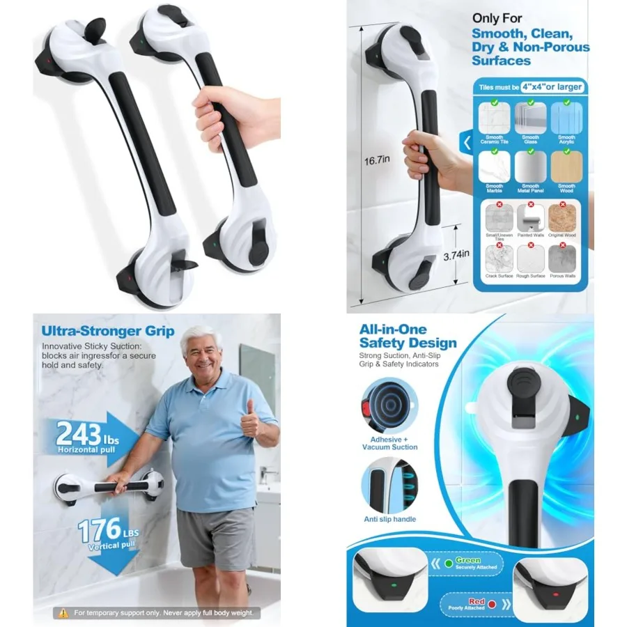 

Grab Bars for Shower and Bathtubs 16.7 Inch, Shower Handle with Indicators, Suction Cup Handle for Shower Chair Stool, Safety G