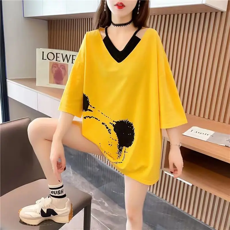 

Fashion Printed Spliced Hollow Out Fake Two Piece T-Shirt Women's Clothing 2023 Summer New Casual Pullovers Korean Tee Shirt