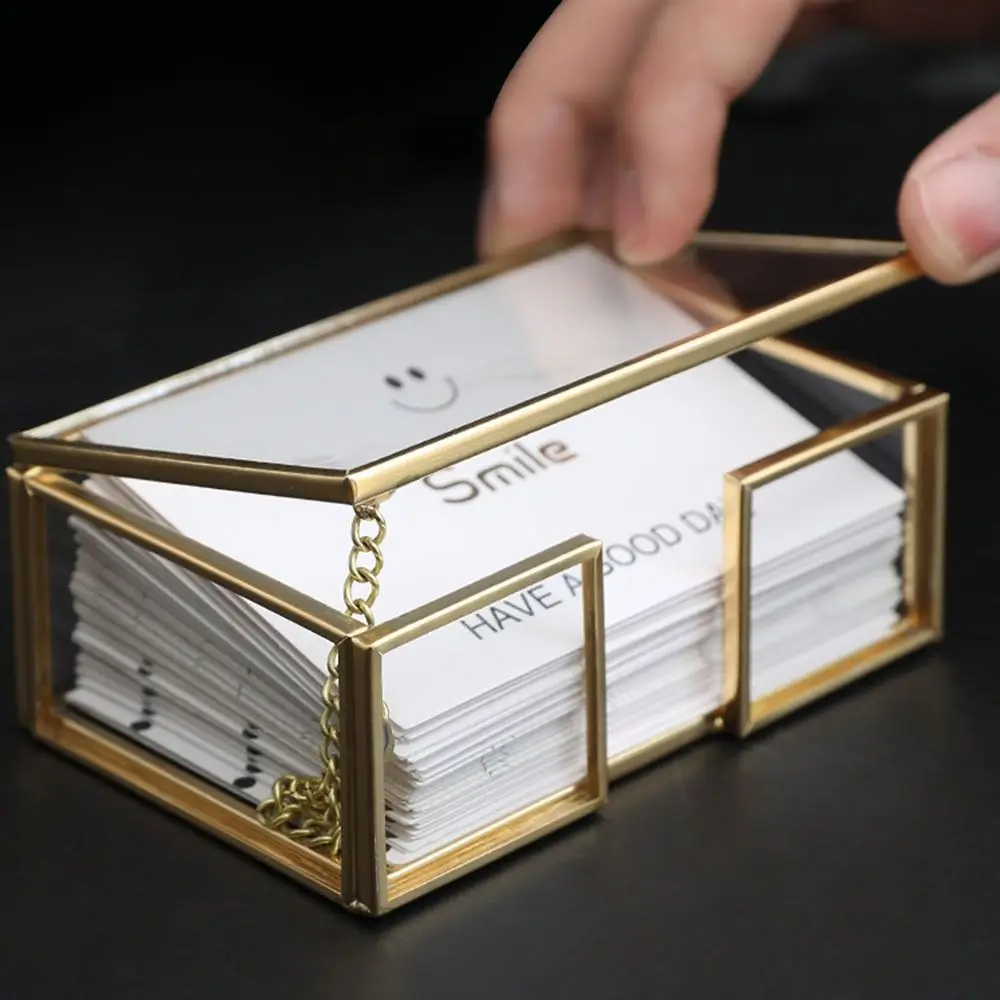 Professional Glass Business Card Holder Stand Durable Metal Business Card Organizer Elegant Vintage Clear Golden Edge Holder