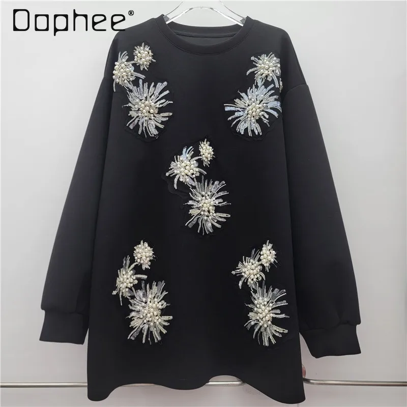 

Черная толстовка средней длины с круглым вырезом, женская зима 2025, новая толстая толстовка большого размера с длинными рукавами и вышивкой бисером и пайетками