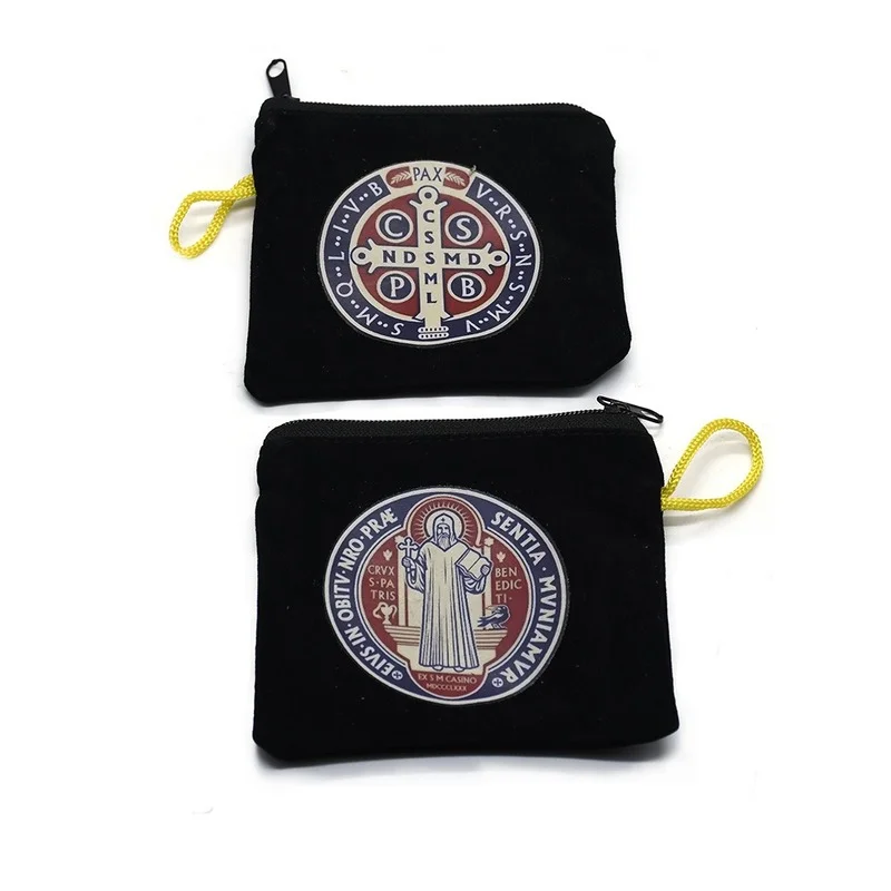 Black Color Velvet Cross Necklace Catholic Religious Gifts Bags Ribbon Drawstring Sack 16*9cm Pack Zipper Lanyard Storage Bag