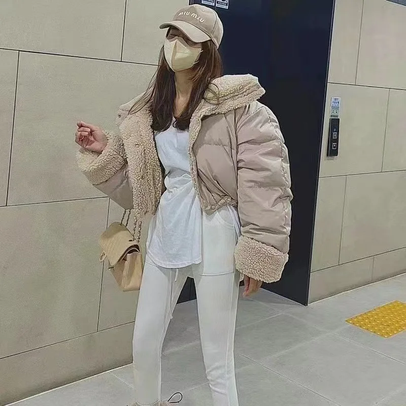 Stand Collar Drawstring Parkas Thicked Outerwears Lambswool Ropa Mujer 2024 Woman Casaco Autumn Winter Single Breasted Jacket