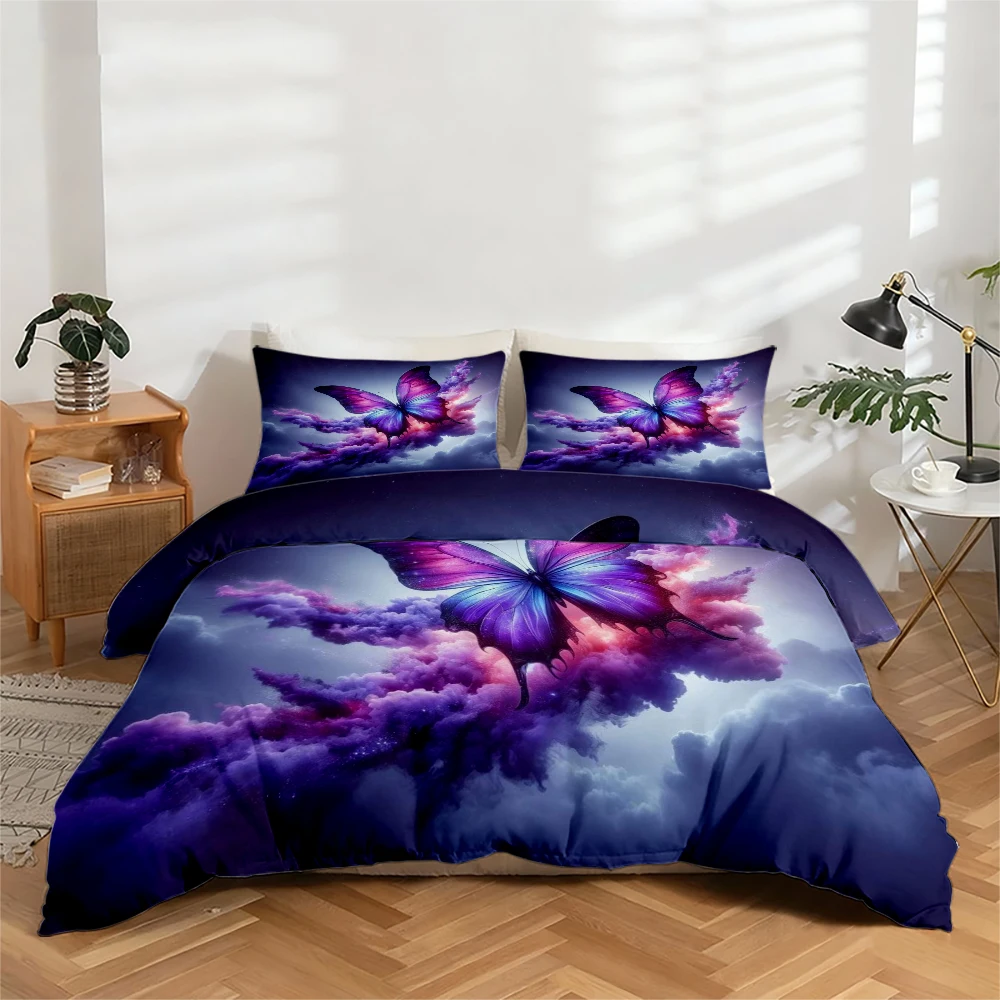 Juego de Ropa de Cama con Estampado Digital de Alta Definición, Juego de Funda Nórdica con Diseño de Mariposas y Nebulosas en Púrpura de Ensueño, Juego de Funda Nórdica con Estampado Floral Grande, Incluye 1 Funda Nórdica + 2 Fundas de Almohada, Apto para