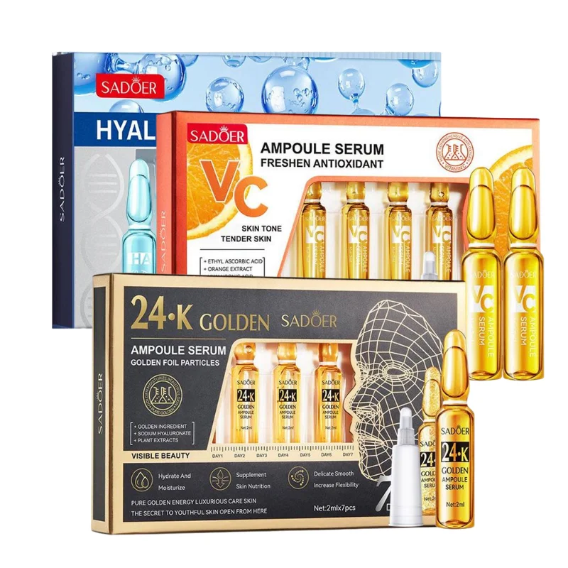 2ml*7 Ampollas/Caja, Suero de Ácido Hialurónico con Oro 24K, Esencia de Vitamina C, Esencia Facial Humectante Profunda y Blanqueadora, Suave