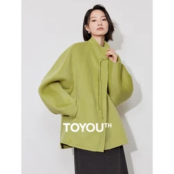 TOYOUTH Women Woolen Coats 2024 Winter New 2024 Winter New Chinese Style Double Side Stand Collar Green Woolen Jacket