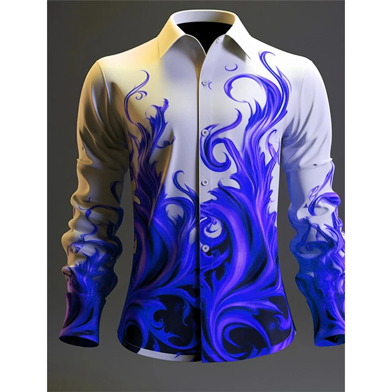 3D Print Flame Graphic Casual Button Down Shirts For Men Daily Wear Long Sleeve Turndown Large Size Tee Shirt Mens Blouse