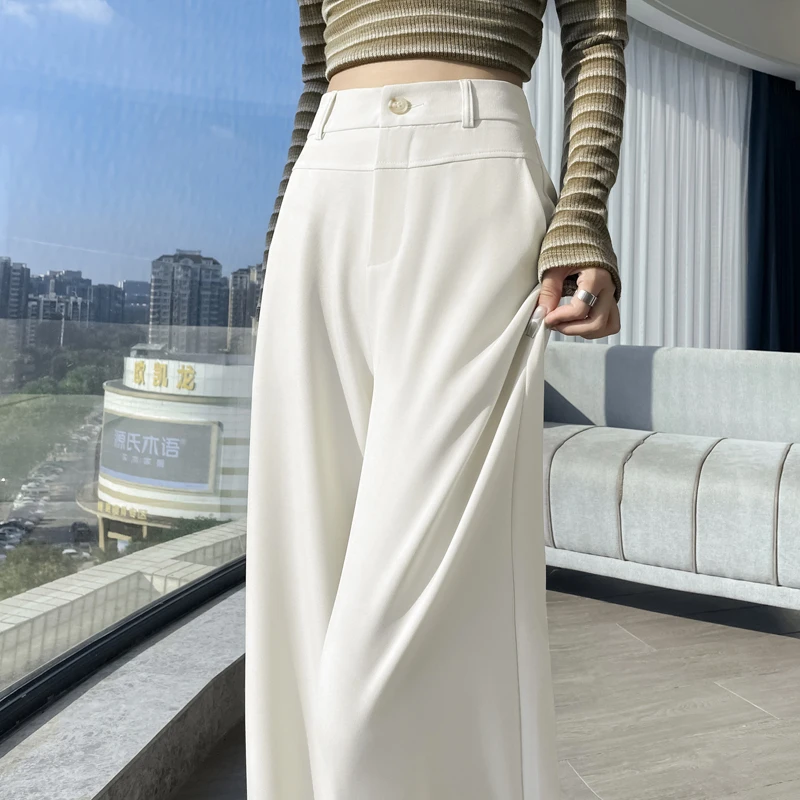 เอวสูงกางเกงสูทขากว้างผู้หญิงฤดูใบไม้ร่วงฤดูหนาวสไตล์ใหม่หลวมสบายๆกางเกงตรงสง่างามเสื้อผ้าหญิง