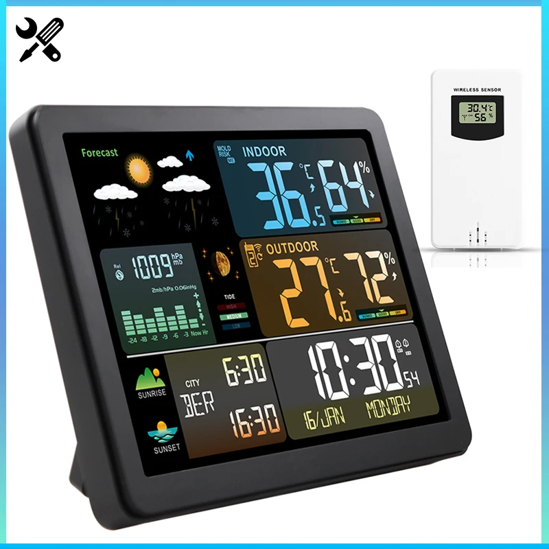 Multifunction Weather Station Indoor Outdoor Temperature Humidity Meter with Wireless Sensor Sunrise Sunset Hygrothermograph