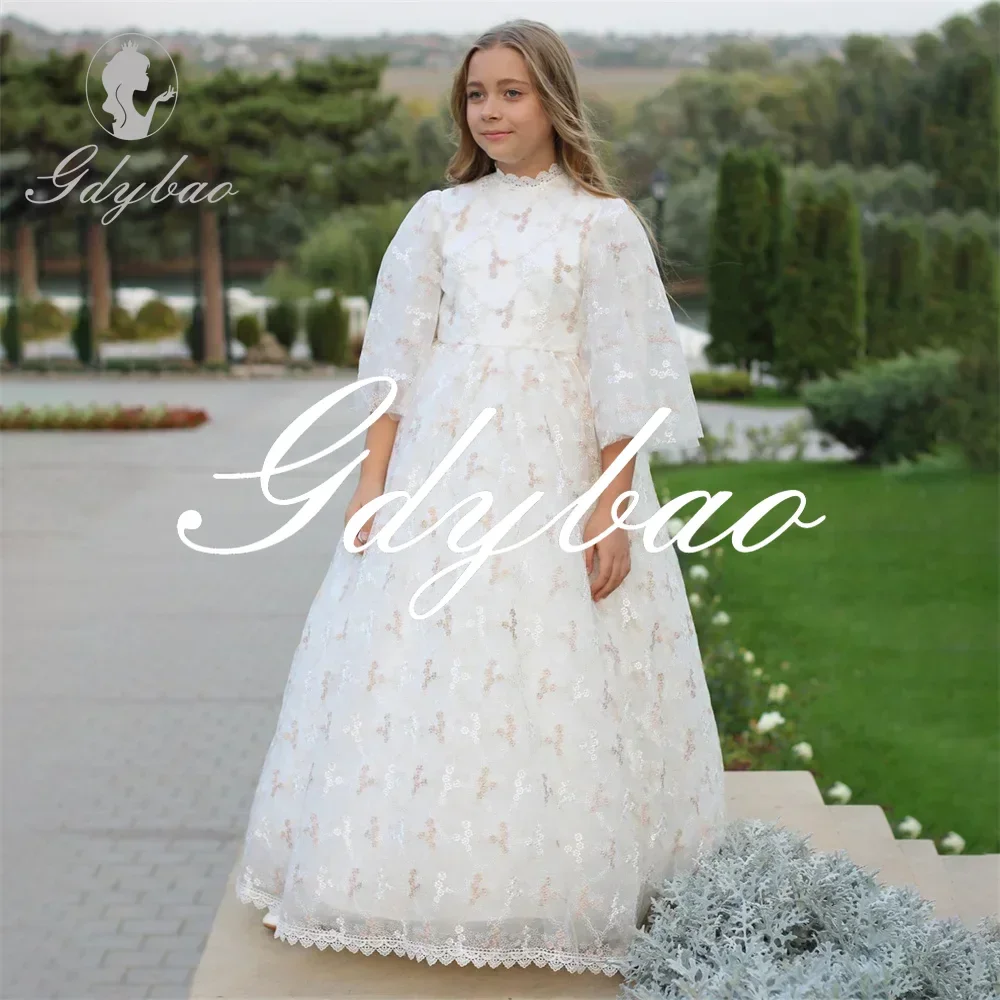 Appliques High Neck Half Puff Sleeve A Line Long Ball Wedding Party Flower Girl Dress Floor Length Formal First Communion Gown