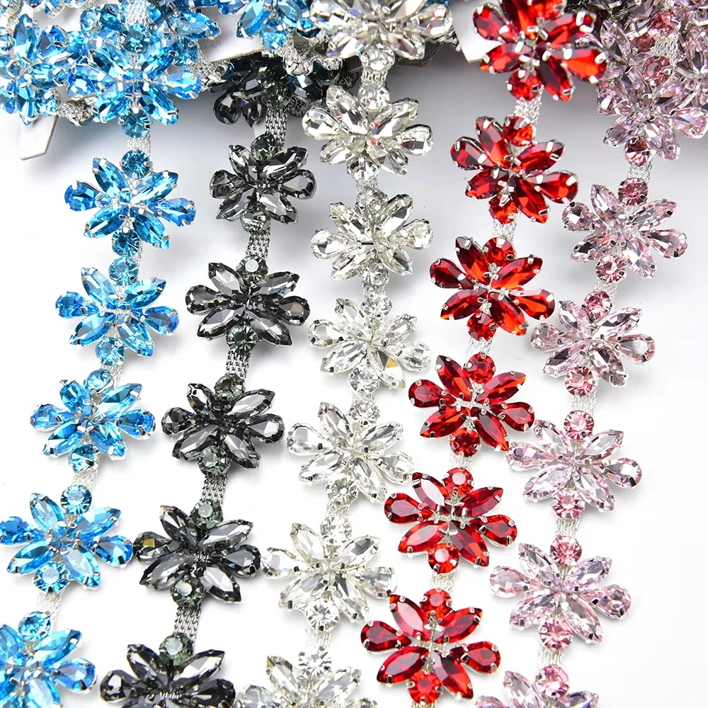 

1 Yard Crystal Rhinestone Appliqué Glass Diamond Flower Chain High-Quality Gown Belt For Sewing On Clothes Shoes Bags