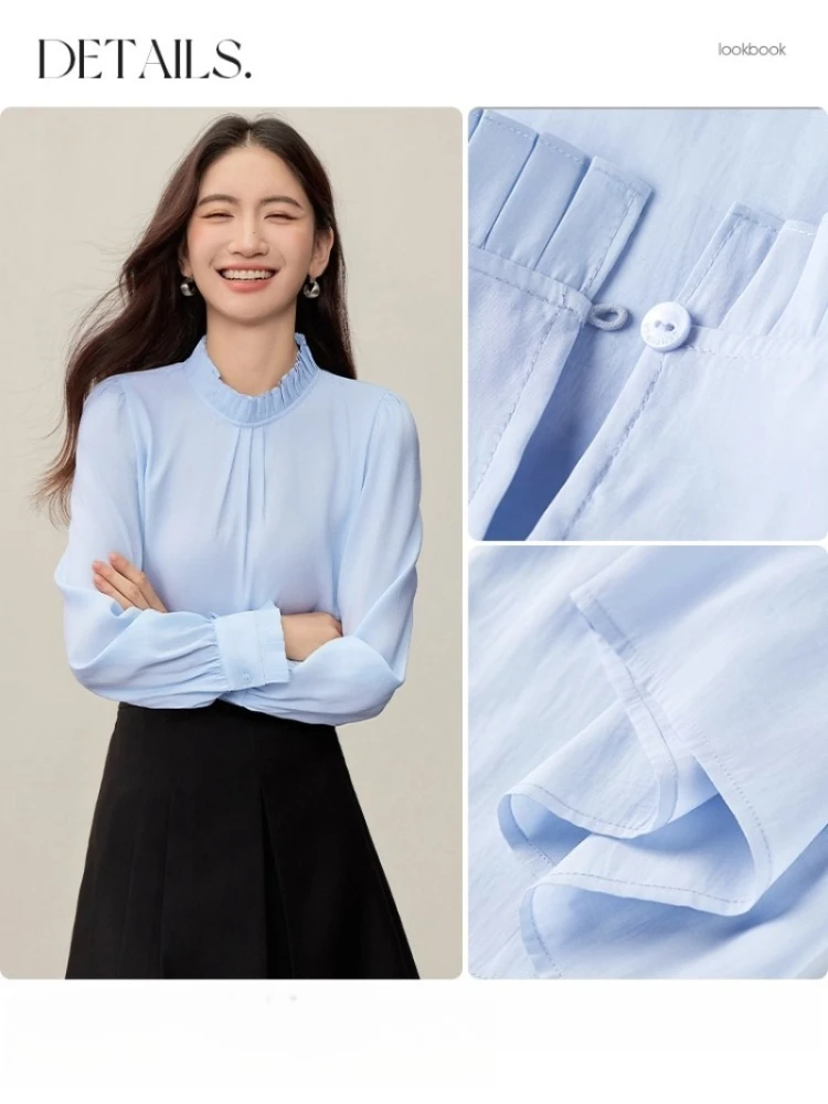 SENTUBILA 여성용 쉬폰 블라우스 2025 가을 신상 퍼프 슬리브 스탠드 칼라 여성 출근용 우아한 탑 루즈 풀오버 153CA2413