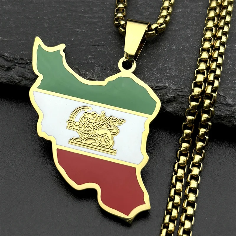 Iran Map Flag Pendant Necklace for Women Men Stainless Steel Gold Color Iranian Lion of Persia Shamshir Necklaces Jewelry Gift