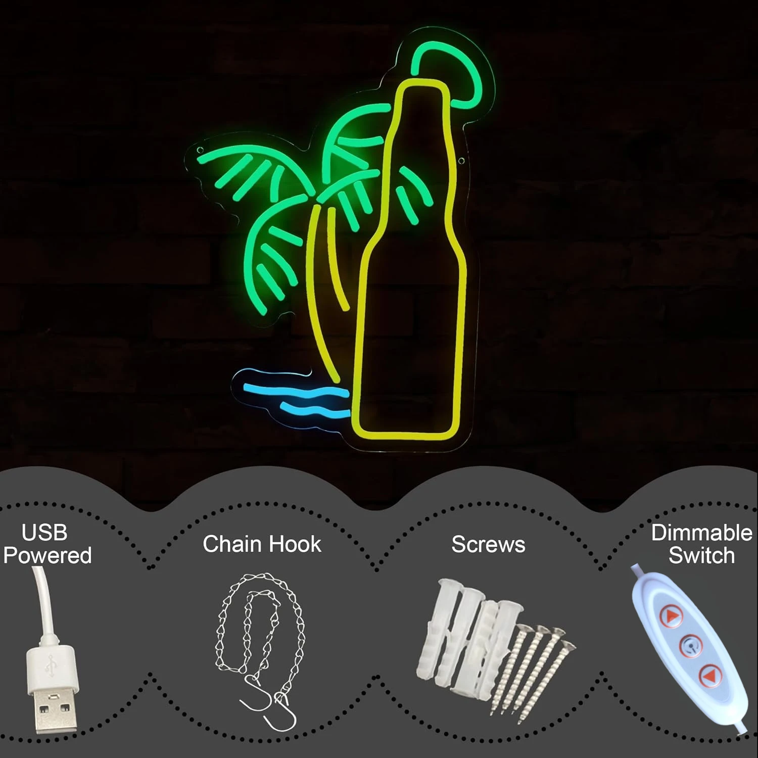 Palm Beer Neon Light USB Dimmable Tropical Wall Art for BBQBeach Bar Patio Summer Party Food Stall Men Cave Pub LED Decor