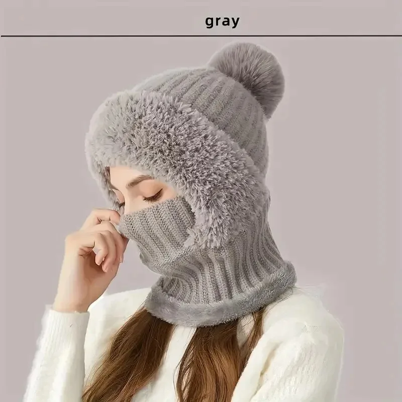 Winter Knitted Hat with Ear Flaps, Mask Neck Integrated Warmth Cover Hat Windproof and Warm Hooded Neck Gaiter for Outdoor Cycli