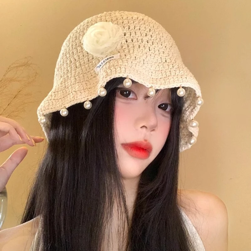 

Ins Sweet Pearl Pendant Flower Patch Bucket Hats Women Summer Autumn Travel Breathable Versatile Show Face Small Retro Basin Cap