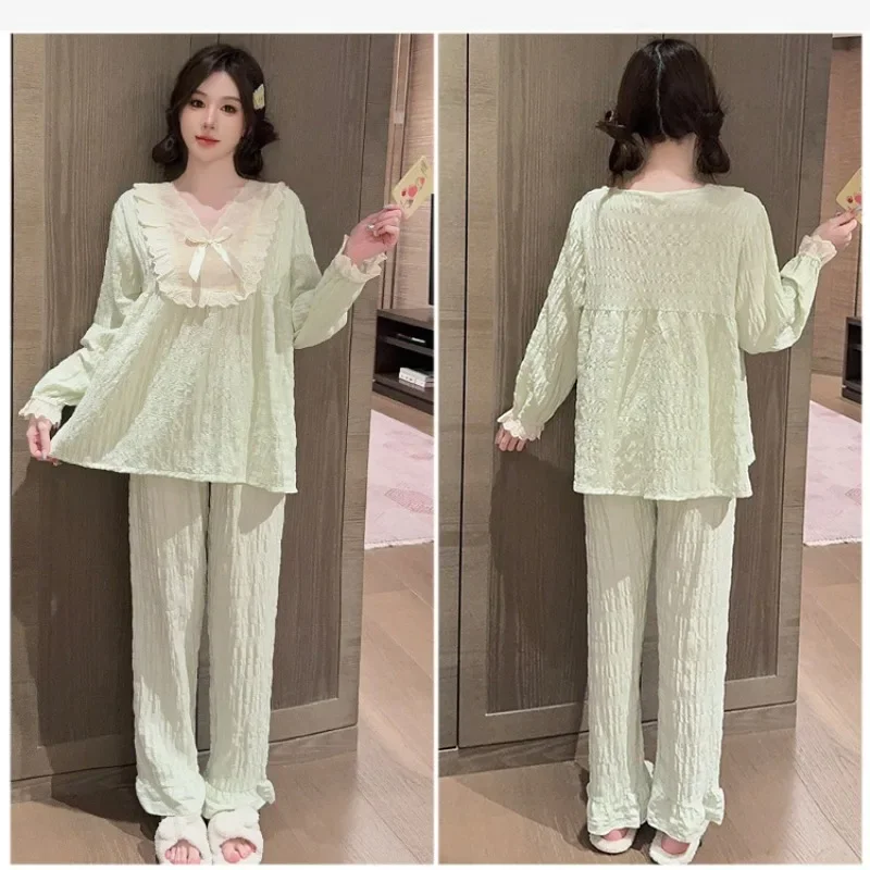 5XL 110kg Plus Size Korean Sweet Loungewear Ins Loose Pajamas set Women\'s Autumn Princess Style Long Sleeves Shirt snd Trousers