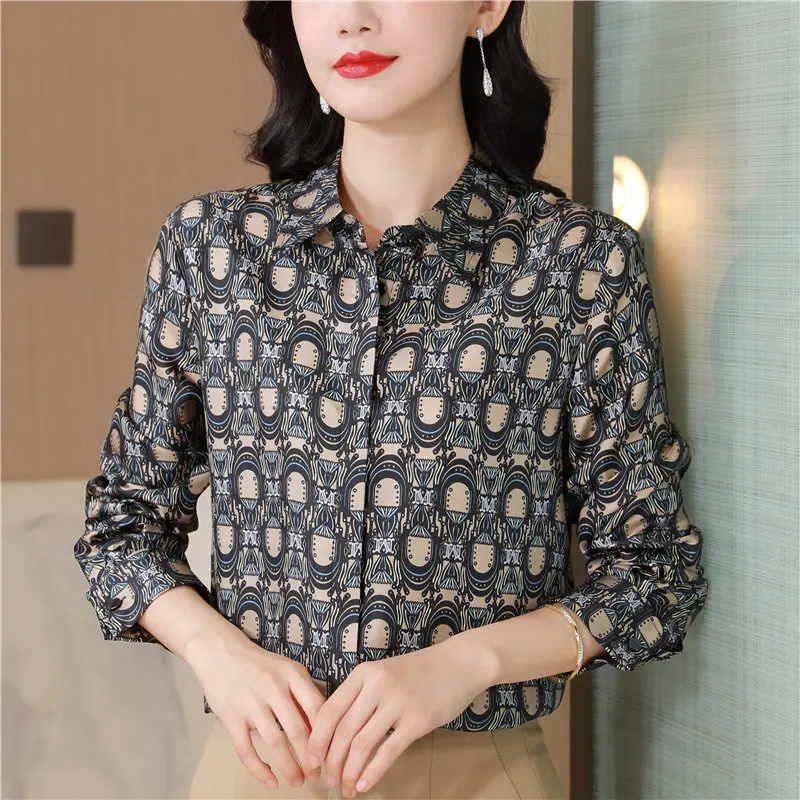 

Unique Women Clothing Spring Summer New Turn-Down Collar Printed Single-Breasted Silk Long Sleeve