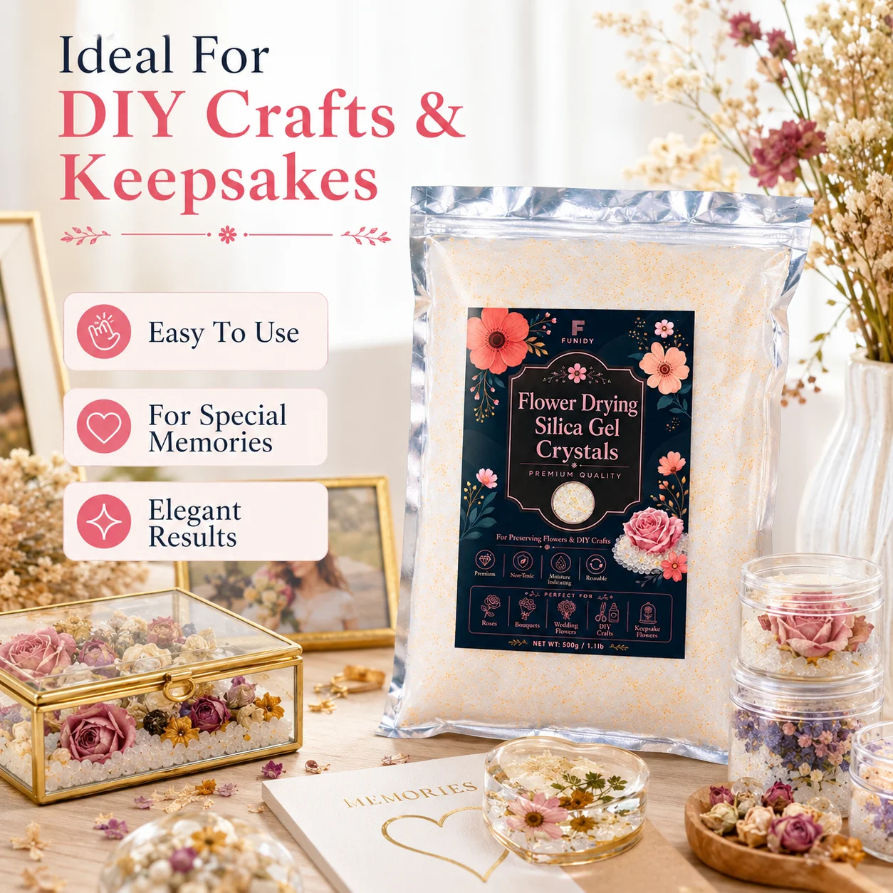 

Silica Gel Crystals for Drying Flowers, Color-Changing, Reusable Crystals for Preserving Wedding Bouquets