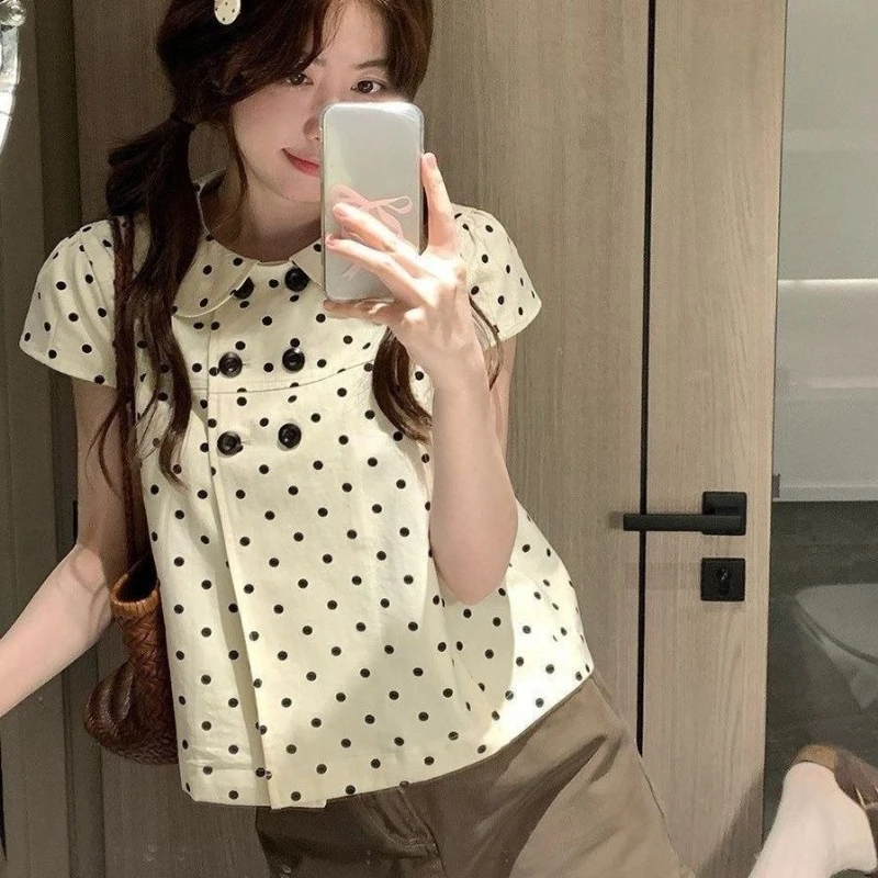 2000s Harajuku Vintage Kawaii Short Sleeve T Shirts Y2k Summer French Sweet Polka Dot Tees Women Japan Style Lolita Blouses Chic 2