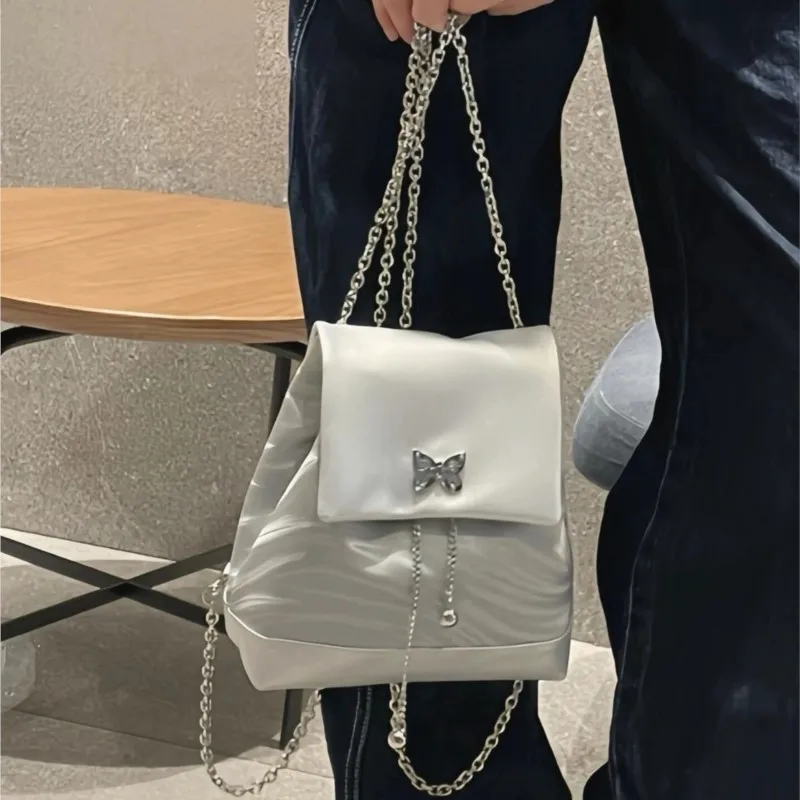 

Y2k Silver Harajuku Butterfly Backpack Women Wave Pattern Small Capacity Daypack Ladies Hot Girl Chain Versatile Mochilas Mujer