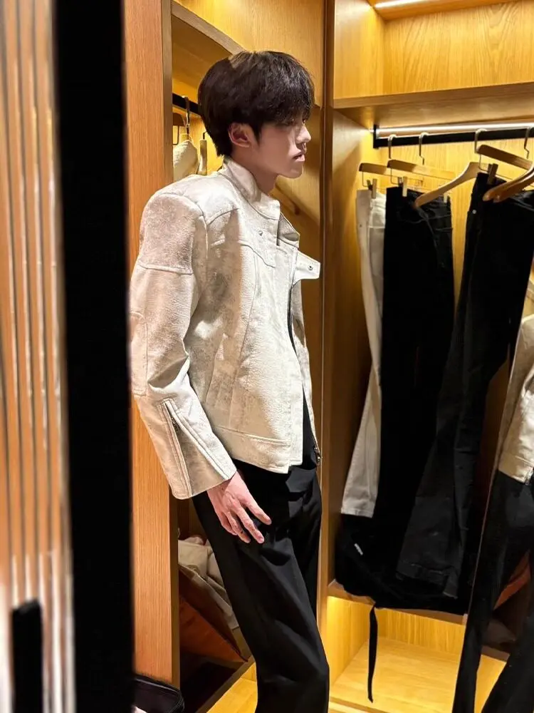 Casual Style Men's PU Leather Jacket with Shoulder Pads And Stand Collar Pilot Fashion Trend Loose Fit Hip And Handsome
