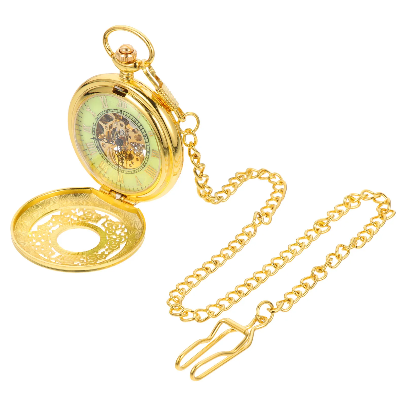 Mechanical Hand Wind Pocket Half Hunter Dial Steampunk Retro Gold Alloy Case Scratch Resistant Mineral Glass