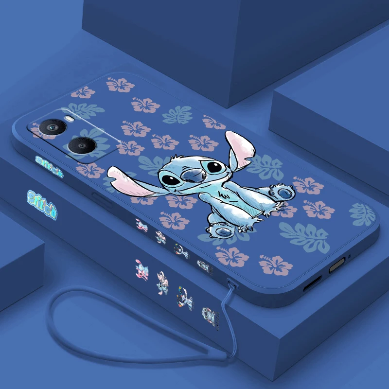 Disney Stitch Flower Cute For OPPO A98 A96 A94 A93 A77S A76 A74 A73 A72 A57E S A56S Liquid Left Rope Silicone Phone Case