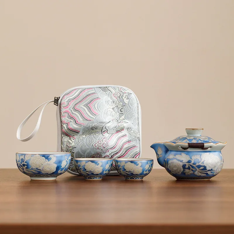 Antique Ru Kiln Yuan Blue and White Teapot Teacup Tea Set with Bag Outdoor Camping Hand-held Pot Tea Maker Portable Gift Set