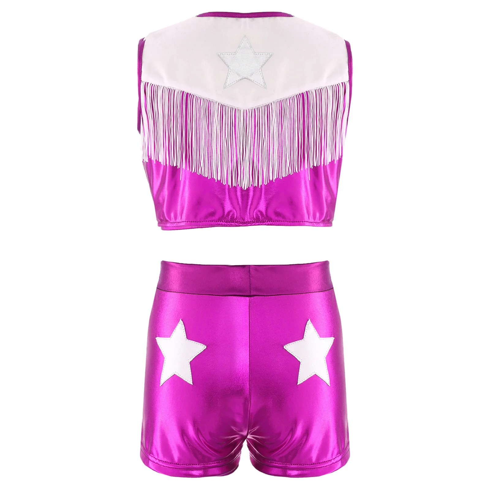 Kids Girls 2Pcs Western Cowgirls Outfits Sequins Metallic Gloss Sleeveless Fringed Top with Shorts Halloween Fancy Cowboy Suits
