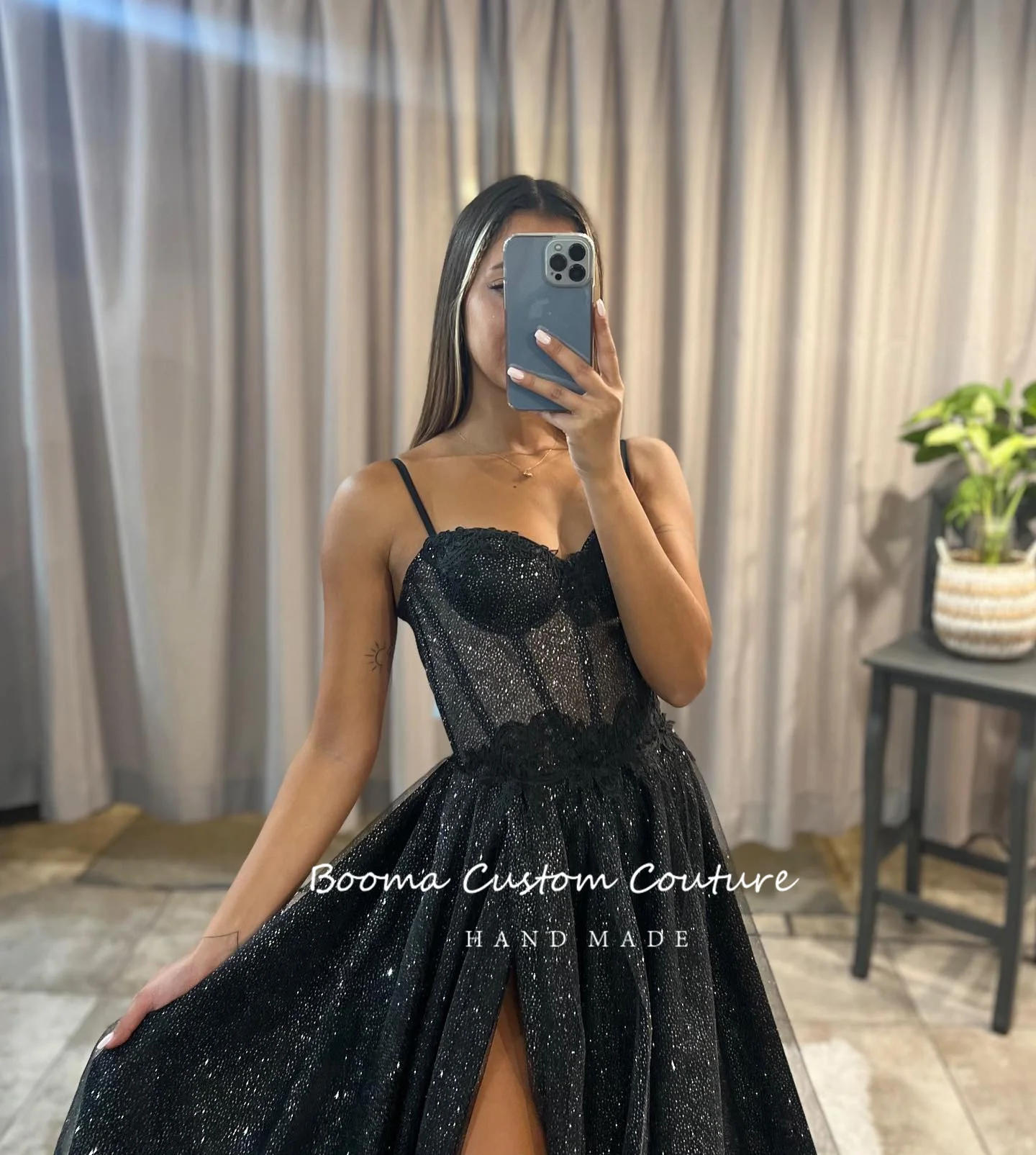 Booma Black Glitter Tulle A-Line Prom Dresses Sweetheart Spaghetti Straps High Slit Evening Party Gowns Formal Event Dresses