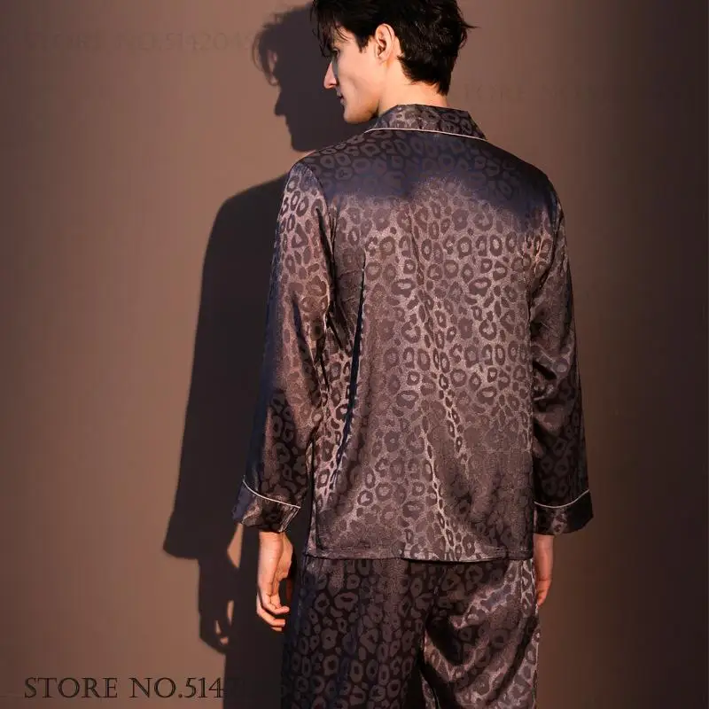 Large Size New Men's Pajamas Home Clothes Leopard Long Sleeved Shirt Trouser Suits Pijamas Loose Casual Satin Pyjamas Loungewear