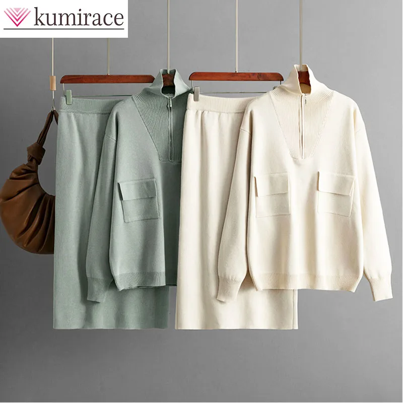 

2025 Autumn/Winter New Solid Color Collar Half Zipper Knitted Top+Temperament Bag Skirt Fashion Two Piece Set Trendy Pant Sets