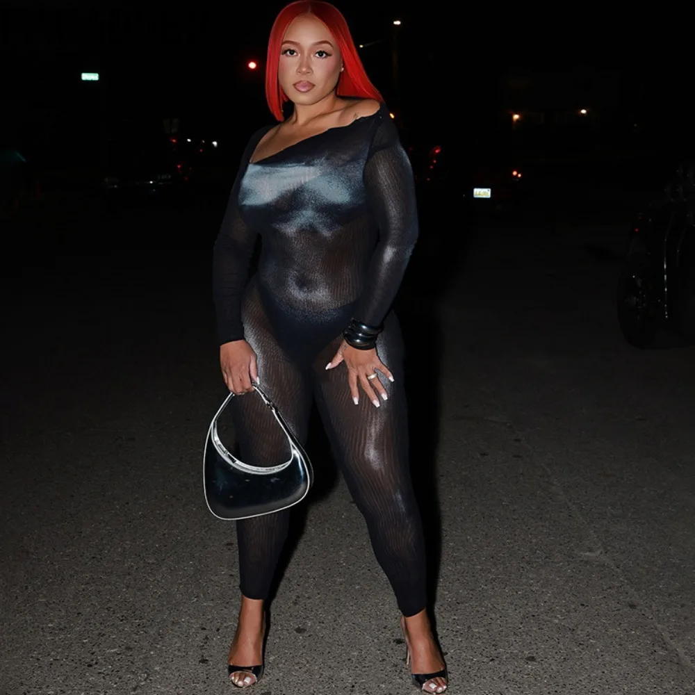 بدلة قفز مثيرة شبكية شفافة من FAGADOER بدلة قفز نسائية مكشوفة الأكتاف وأكمام طويلة ملابس نوادي نسائية جديدة 2025 #3