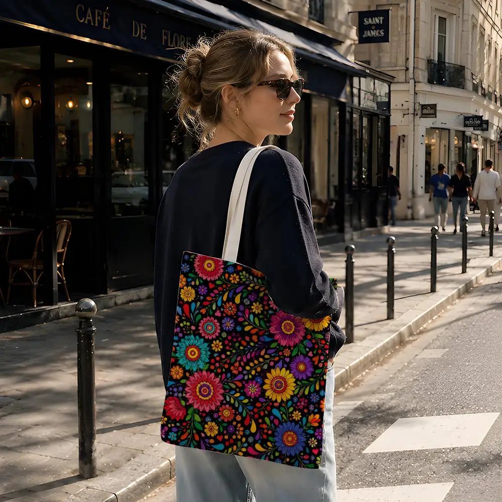 Pattern Folk O-Otomi Tenango Textile Storage Bags Reusable Canvas Tote Suitable for School Class Commuting Shopping as Gifts