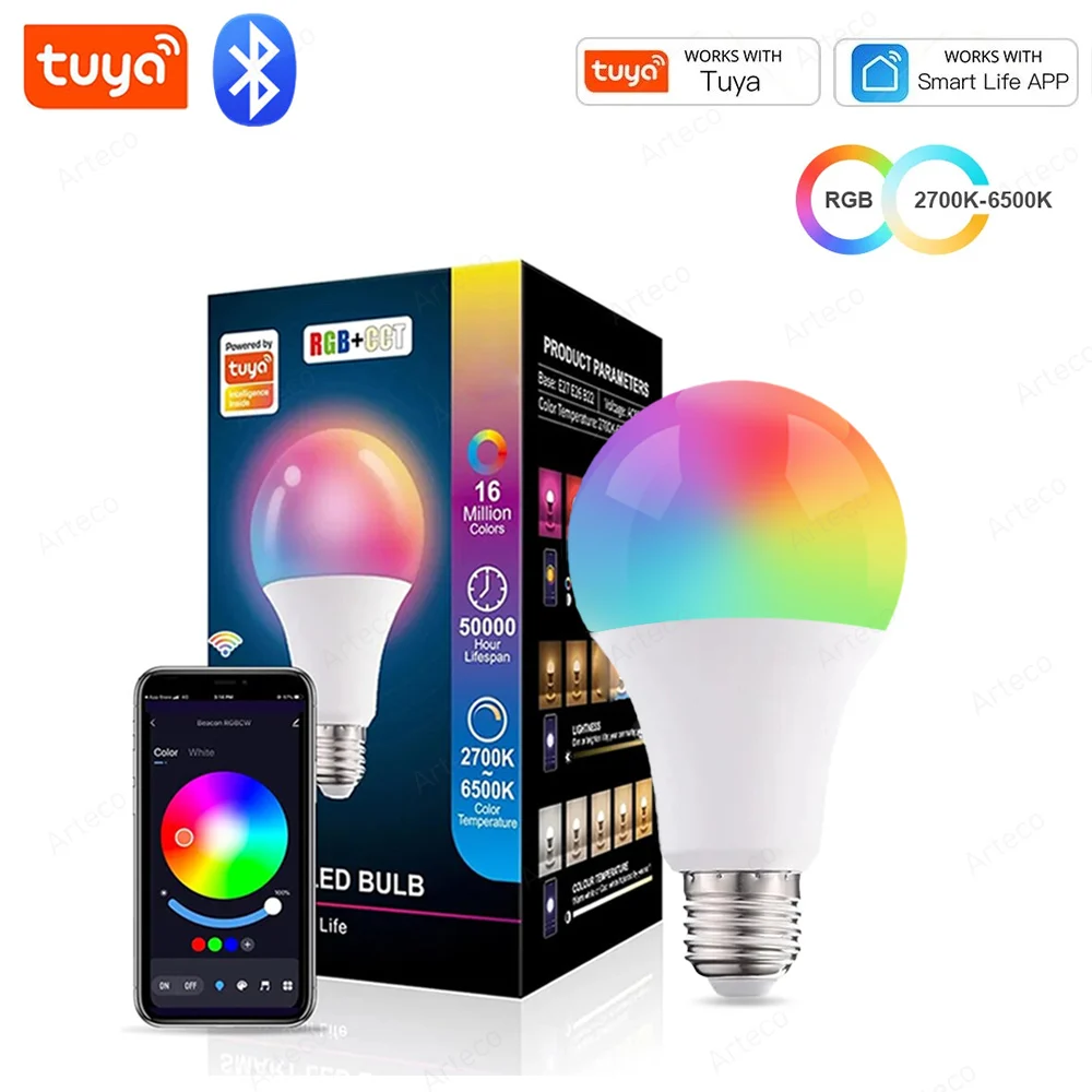 Bluetooth Smart LED Bulb Tuya Light Bulbs AC 85-265V Ściemnialna żarówka punktowa 15W E27 RGB+CW+WW LED Lampa zmieniająca kolor do domu