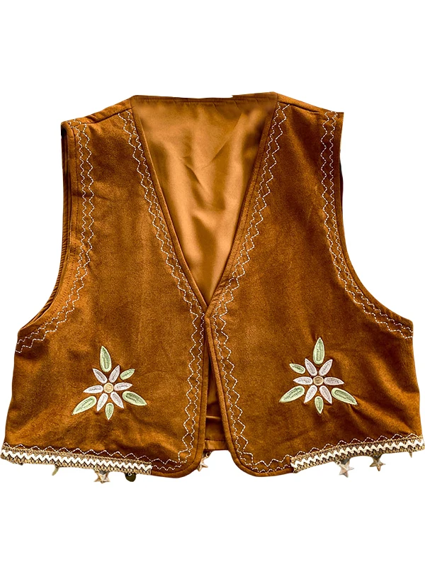 

Retro Heavy Embroidery Deer Skin Velvet Jaet Women's ort Sle Outerwear V-Ne Svel Vest for Autumn Layering