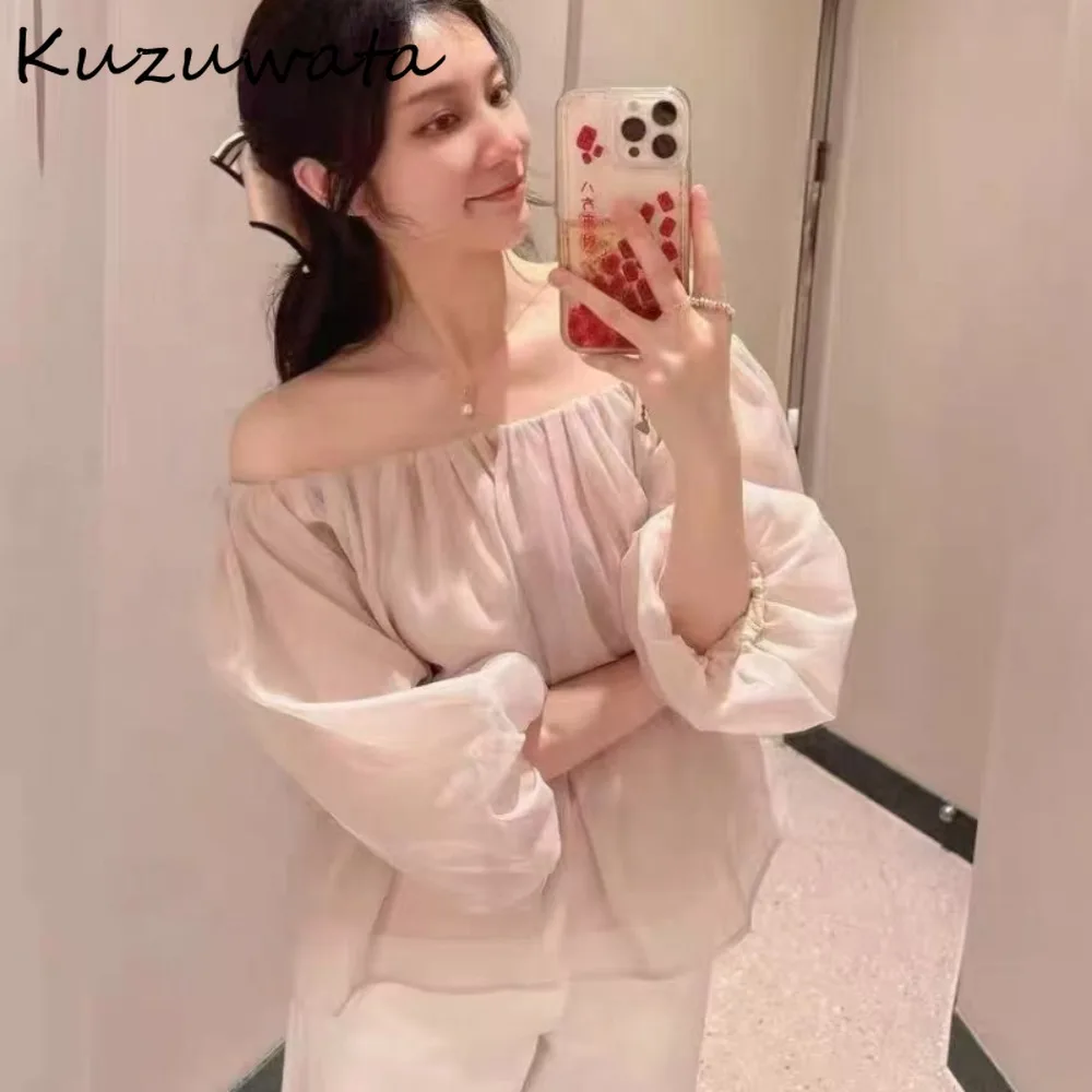 

Kuzuwata Ball Gown Ruched Lantern Sleeve Sweet Shirts Preppy Style Slash Neck Off Shoulder Tops Japan Chiffon All-match Blouses